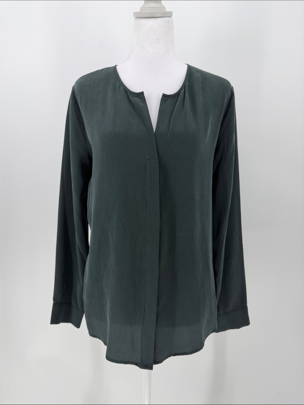 100% Ecru Silk Blouse Small Forest Green Split Neck Quiet Luxury Minimalist
